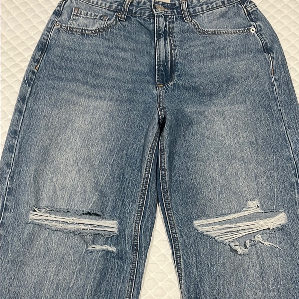 Blue Flare Wide Leg Jeans with Distressed Knees - Picture 4 of 5
